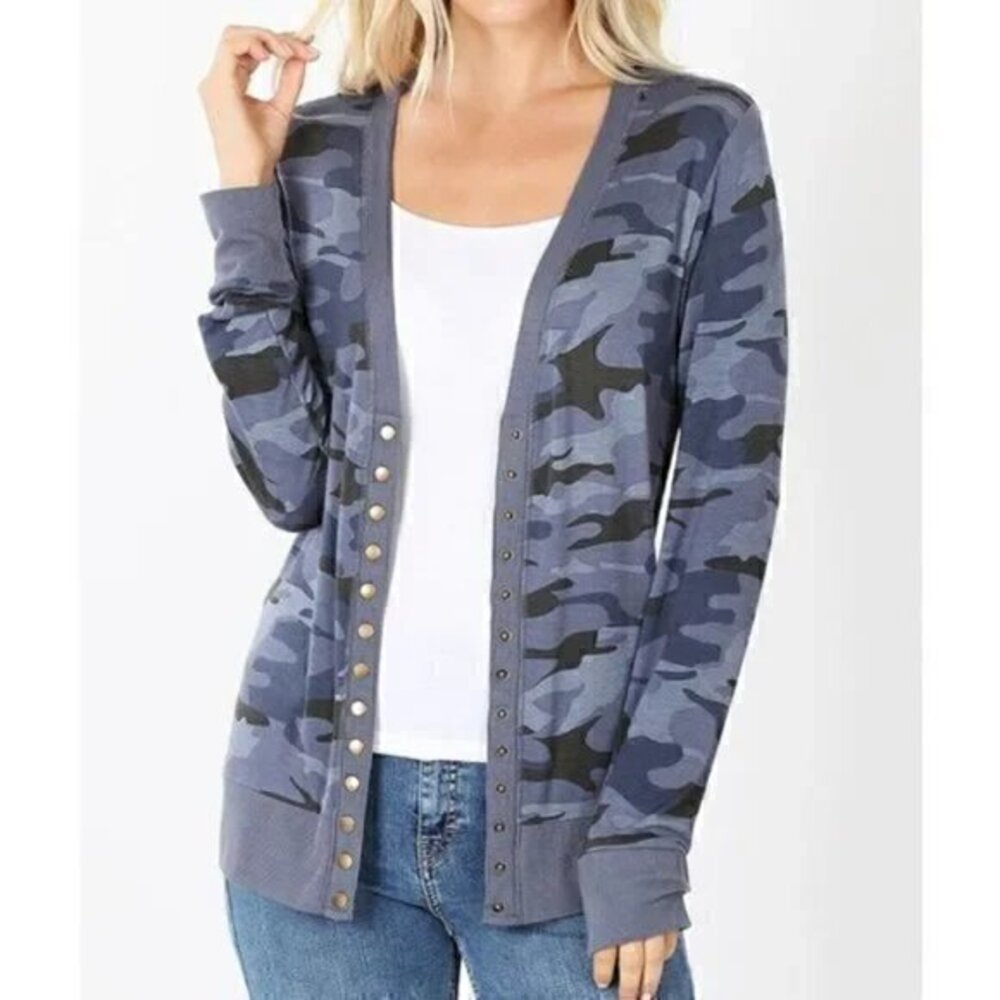 [Zenana] Blue Camo V-neck Long Sleeve Cardigan - Size L